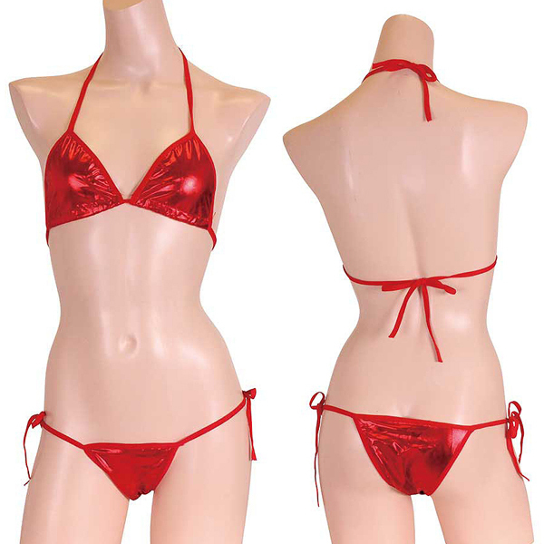 パキッとコントラストの効いたキラキラメタリックビキニ レッド