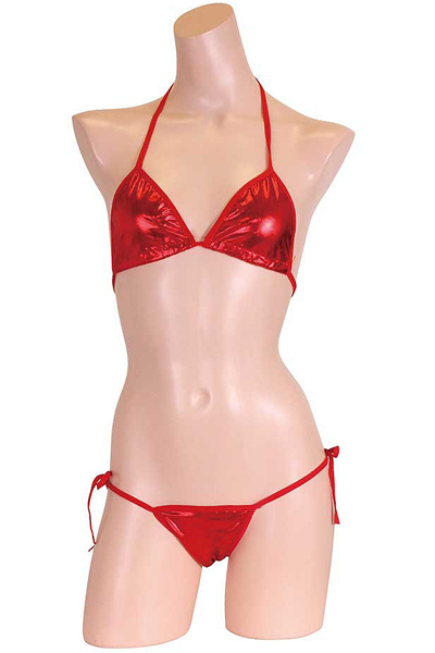 パキッとコントラストの効いたキラキラメタリックビキニ レッド
