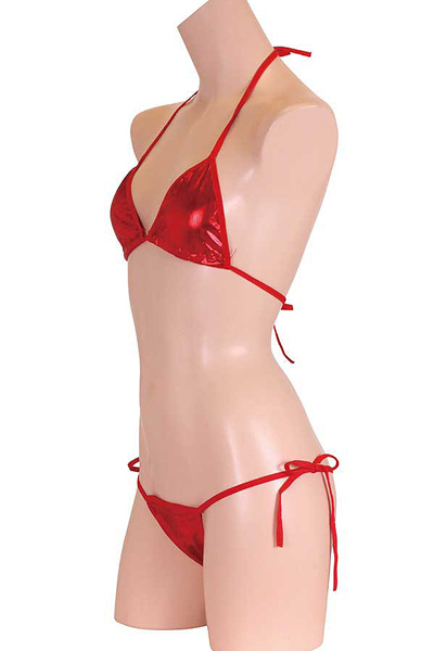 パキッとコントラストの効いたキラキラメタリックビキニ レッド
